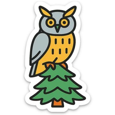 Siberian owl, perched on a pine tree, color outline icon style sticker