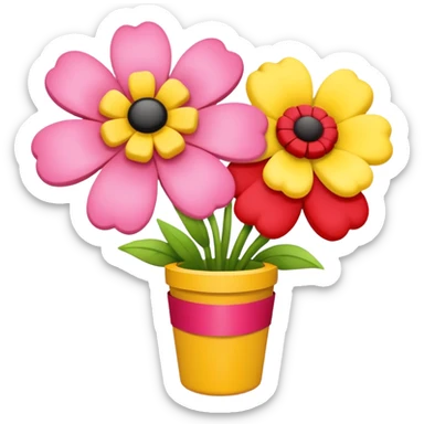 Two flowers one pink and one red in yellow bouquet with red band  sticker