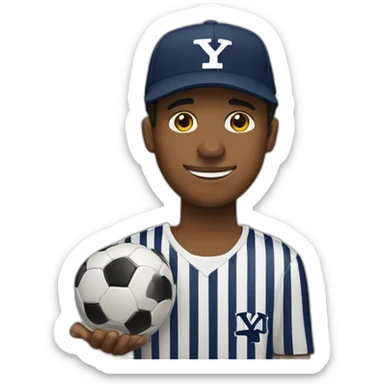 guy wearing a Yale university cap holding a soccer ball and a MacBook computer sticker