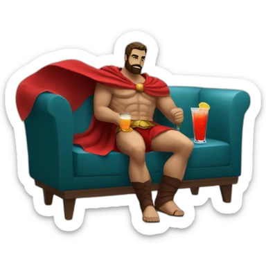 The Spartan Leonidas and his red cape with a relaxing cocktail on a sofa. sticker