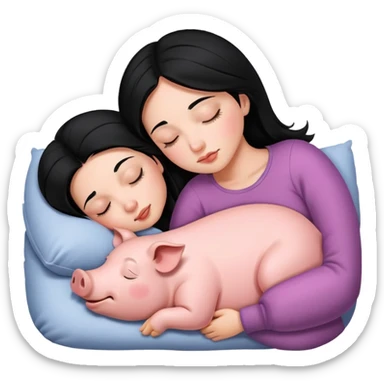 Woman with Black hair is sleeping next to a pig sticker