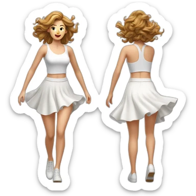 Hyperrealistic Full body Caucasian curvy beauty jumping short white skirt back and front views strong wind sticker
