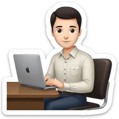 Rich man working setting on a chair in shirt, dark hair, and near the desk with laptop he is german very beautiful looks like sticker