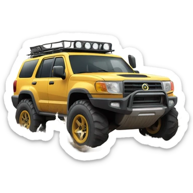 An off-road SUV facing a road full of mud and rocks, with big tires and mud splashing around, showing resistance and adaptability. sticker