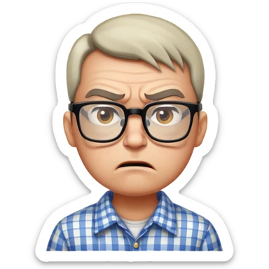 A rigid, tense person looking angry and slightly scared, wearing glasses and a checkered shirt sticker