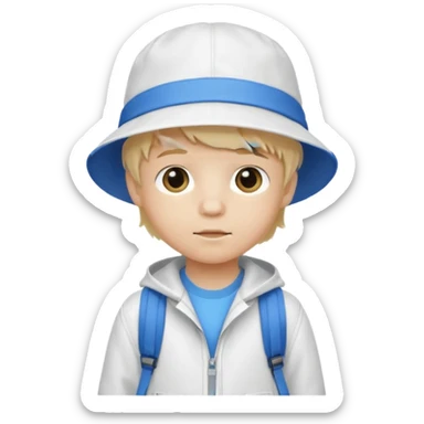 A little boy student white skin, blonde hair, with white bucket hat, white jacket, blue backpack sticker