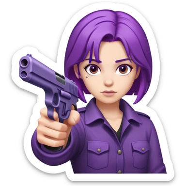 person with purple hair pointing a gun sticker