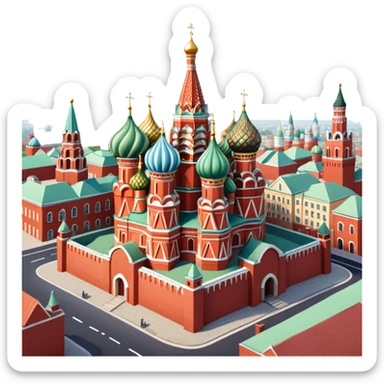 Isometric illustration of Moscow, featuring photorealistic Moscow with colorful onion domes, hand-drawn painterly details, subtle texture on bricks and roofs, realistic shadows and soft lighting, muted yet vivid color palette, diorama miniature effect. sticker