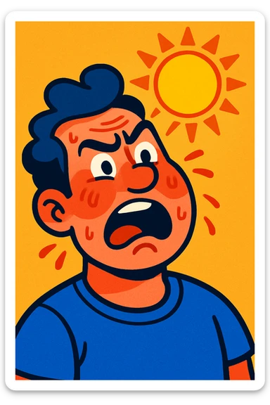 a man with flushed cheeks and a sun above his head, exaggerated expression, vibrant toon style sticker