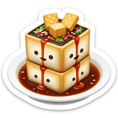 Changsha stinky tofu with dark appearance and sauce, simplified emoji style with bold outlines and bright colors, cartoon style Hunan specialty street food sticker