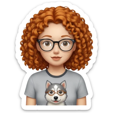 make a ginger girl with freckles and glasess. make her hair curly and she has a husky on her shirt sticker