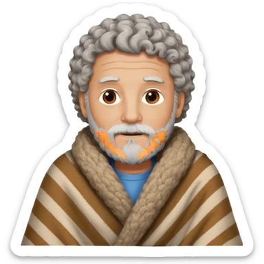 Older Man with curly hair and beard with blanket around head to be warm sticker