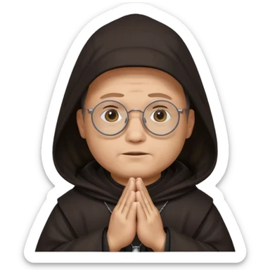 Monk priest prayer black habit with hood round black glasses done light brown wavy hair under hood remove the medallion smaller more round glassed age 46 remove necklace thinner or more oval face  sticker