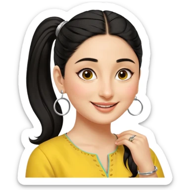 generate a pretty bratz emoji that looks like Kareena Kapoor's Geet character. 
Make her wear a yellow kurti, silver hoops, black hair in a ponytail. smiling big

She should look like Kareena Kapoor sticker