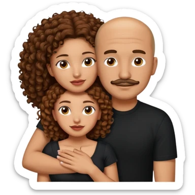 A mixed girl, the girl is wearing a black shirt, the girl has brown curly hair  and the girl has big boobs. A Mexican man is embracing her, with bald hair and a short boxed mustache  sticker