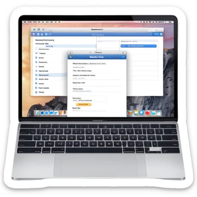 online booking system on MacBook screen next to an old-style paper notebook with a pen, both fully visible, no background, no cut-off edges sticker