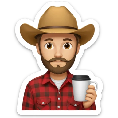 generate an ios genmoji of a 20 year old tan boy with a cowboy hat and side burn beard. Wearing a flannel and carrying a coffee mug sticker
