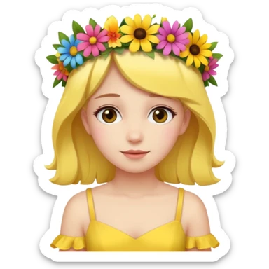 girl with flower crown in yellow dress and colored flowers sticker