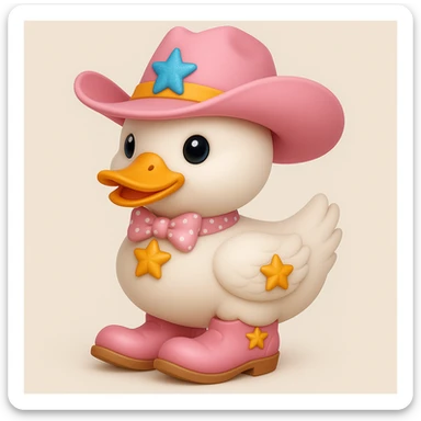 A white duck wearing a pink cowboy hat with a pink bow around its neck and pink cowboy boots with yellow stars, in ios 3d style, ios 18 style. sticker