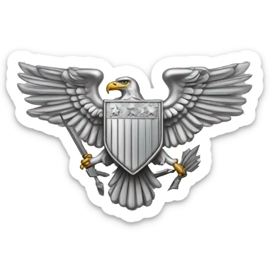 Create an emoji of a silver US Army O-6 Colonel insignia: a detailed silver eagle with outstretched wings, clutching arrows and bearing a shield on its chest. Ensure the background is transparent. The entire thing should be silver sticker