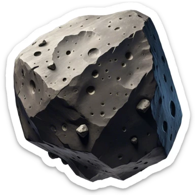  Cinematic Realistic Asteroid – A massive, irregularly shaped rock floating through the void, its cratered and pitted surface showing signs of ancient impacts. The harsh light from a nearby star reveals detailed textures and rugged, jagged edges. sticker