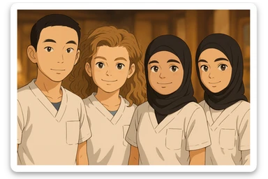 Four nursing students side by side in a warm indoor ambiance with a blurred background, wearing white short-sleeved medical uniforms with V-neck collars and left chest pockets, in Ghibli style. sticker
