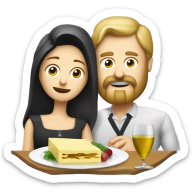 Repas raclette et deux verres de vin blanc en couple, femme blonde cheveux aux-dessus des épaules homme petite barbe et moustache grisonnantes et cheveux bruns grisonnant  sticker