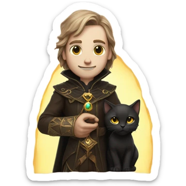 A sun warlock who is pale with brown hair and is holding a black kitten sticker