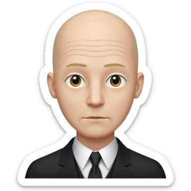 Extremely tall, pale gray-skinned man with a bald head, heavy brow, sunken eyes, a long gaunt face, and a black suit with a white shirt collar visible. sticker