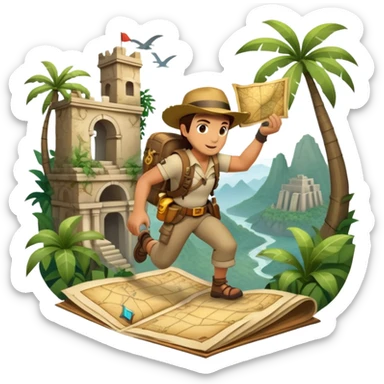 An icon featuring an adventurer in a dynamic action pose with treasure map, ancient ruins and jungle landscapes in the background. The design includes clues, hidden passages and climbing gear, symbolizing the thrill of exploration and discovery. Transparent background. sticker