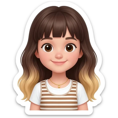 A young girl with an oval-shaped face and feminine features, long dark brown wavy hair fading to blonde at the ends with light bangs. Thick dark eyebrows, large expressive eyes, and a warm smile. She is wearing a white T-shirt with a striped vest and a delicate golden necklace. sticker