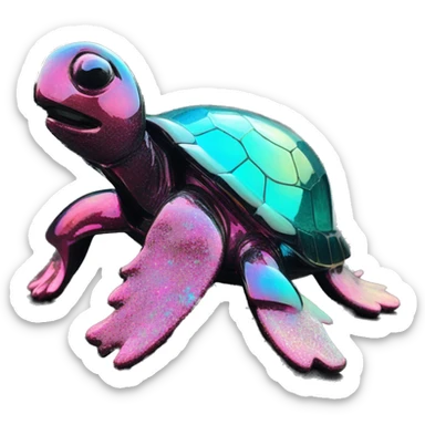 Sparkling cyan pink Turtle made from rainbow oilslick cyan glass, stained glass art sticker
