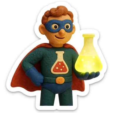 claymation style chemistry superhero with soft textures holding a glowing beaker sticker
