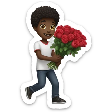 Create an emoji of a dark-skinned Boy throwing a bouquet of roses. sticker