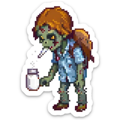 A zombie Leo  sniffing white powder with a background lab in the style of a pixel art sticker
