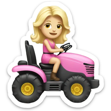 Blonde girl riding a tractor wearing a pink poofy dress and a tiara sticker