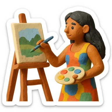 tanned woman artist with long black hair, wearing a colorful dress, painting at an easel, holding a palette and brush, claymation style sticker