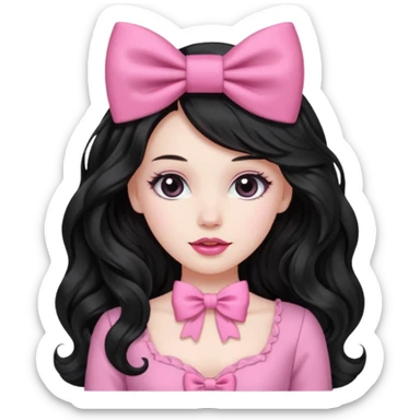 black hair with wavy long hair and pink clothes coquette vibes, a bow sticker