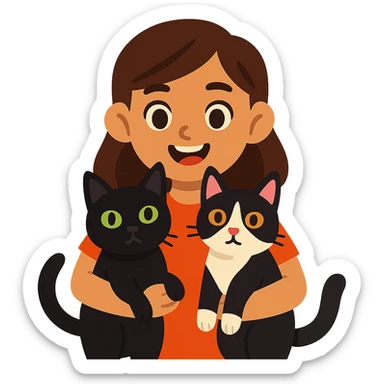 brown haired girl with light tan skin and brown eyes holding a black Bombay cat with green eyes and a black and white Tuxedo cat with hazel eyes sticker