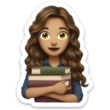 A woman with long wavy brown hair and books sticker