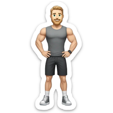 Full height Pale skinned muscular man With Realistic eyes and mouth, light brown hair and stubble In dark gray sleeveless mike, black oversize sports shorts, watch and white sneakers. sticker