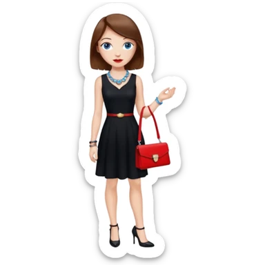 chica labios rojos ojos azules pecas pelo marron collar pulsera vestido negro tacones y un bolso rojo sticker