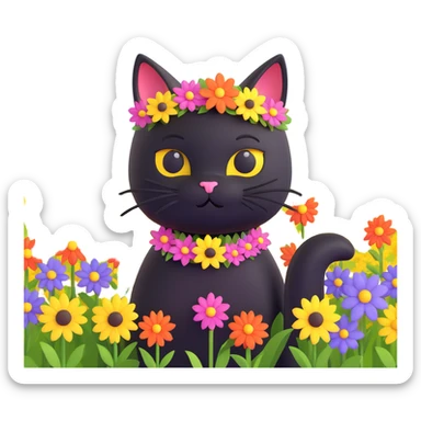 A black cat with a flower on its head in a field of flowers, pastel colors sticker