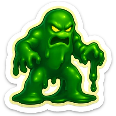 Slime monster. green slime. scary sinister. slime attacks. show full body. more dripping slime. talk humanoid slime creature. sinsiter and scary...green slime. has 2 arms and a vague head sticker