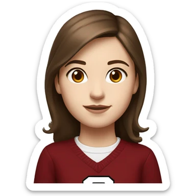 Girl with brown hair and white skin wearing a crimson and white sweater with the black crimson and white Harvard University logo on it  sticker