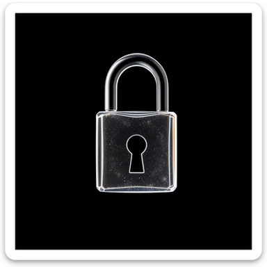 Photo of a 3d made of glass padlock, black void around symmetrical 3d render, rim light sticker