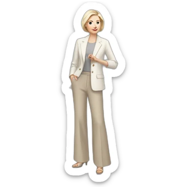 Full height Actively gesturing with hands pale skin woman with ash blonde Straightened bob Hair, White Spacious classical jacket, beige palazzo Arrow pants and gray blouse sticker