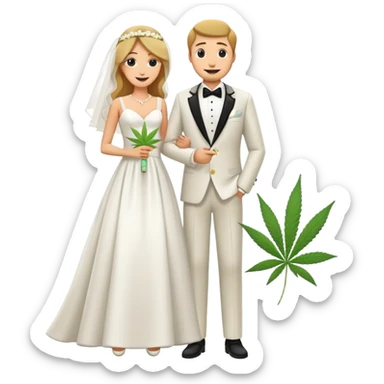 Full body view of bride in white dress and groom in tuxedo sharing a cannabis joint, cheerful cartoon wedding couple standing together sticker