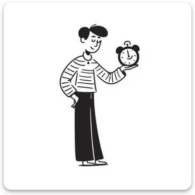 A man with brown hair holding an emoji-style alarm clock sticker