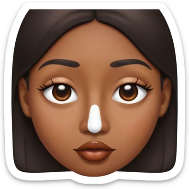 oval shaped head lips at the bottom of her mouth a big dot on her cheek and nose and half of her hair is black and the other part is white sticker